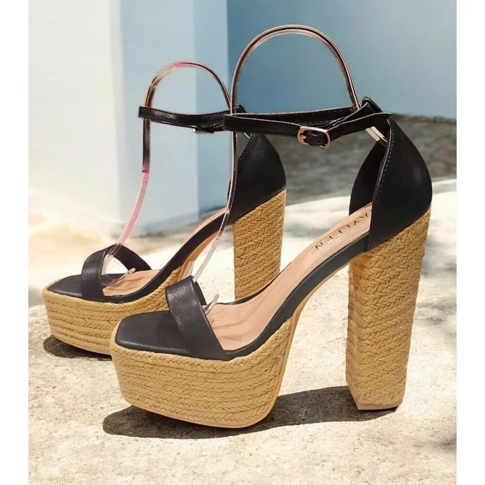 Black Platform High Heel Sandals With Woven Straw Sole & Ankle Strap Heel Chic - Picture 4 of 9